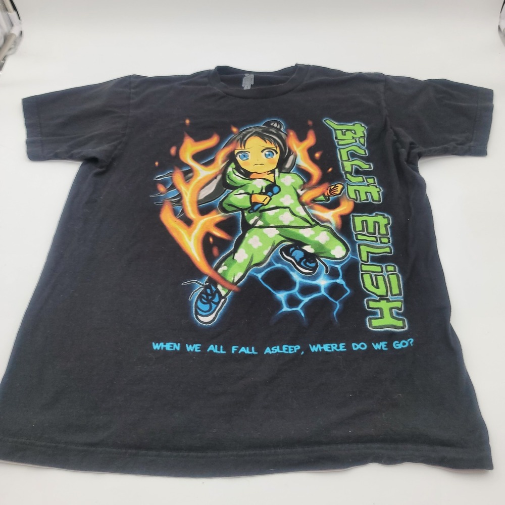 Billie Eilish Anime Fire Graphic T-Shirt Black Size Large Short Sleeve Tee